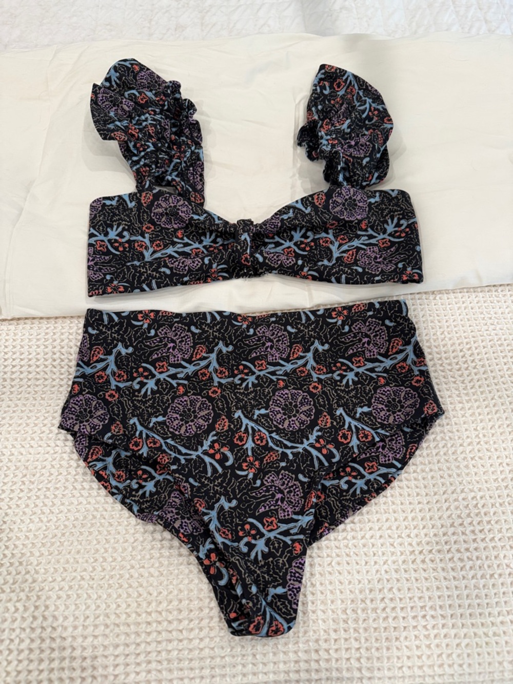 Sea New York Black Floral High-Waist Bikini with Puff Strap Top